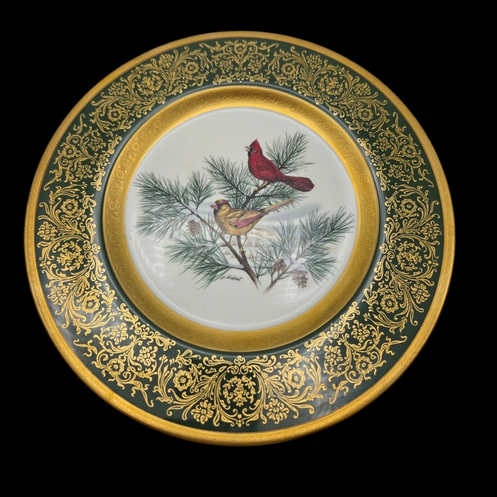 Vintage Pickard Limited Edition Cardinal Lockhart Birds 1970 Green Gold Plate